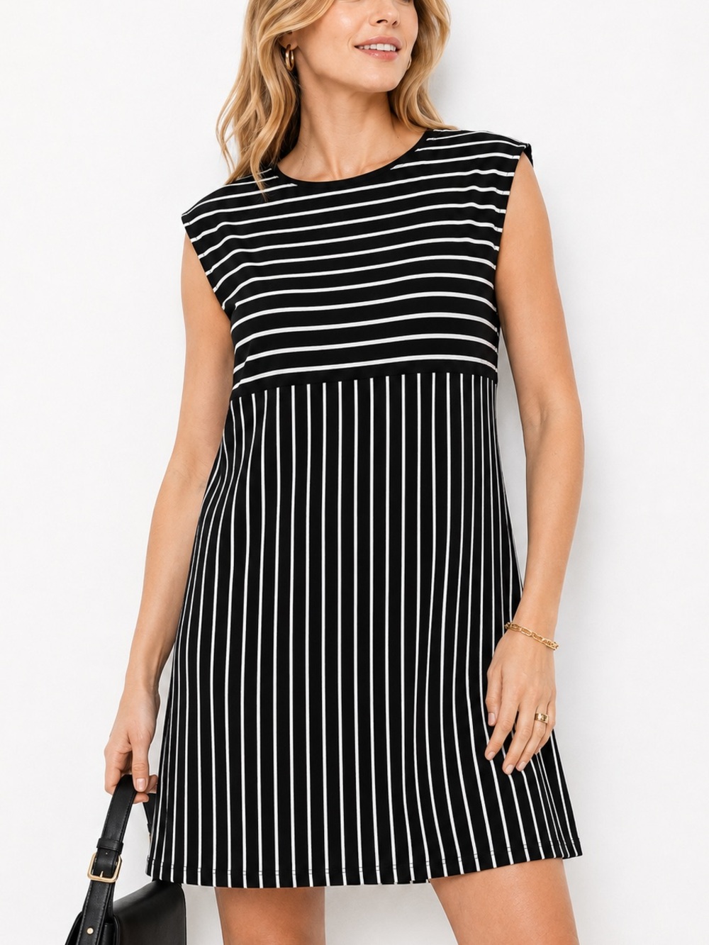 Silence + Noise | Black White Striped Shift Mini Dress - Size L